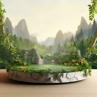 Empty trendy round podium in the forest. Generative AI photo
