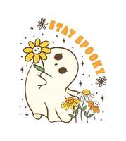 Cute Halloween ghost with daisy flower, kawaii Retro floral sppky ghost, Stay Spooky, cartoon doodle outline drawing illustration idea for greeting card, t shirt design and crafts. vector