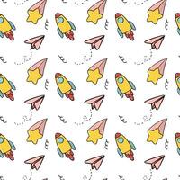 Cute Rocket and Paper Plane Seamless Doodle Pattern for Back to Schoo vector