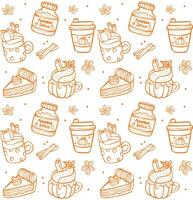 Cute Pumpkin Spice Cartoon Doodle outline Seamless Pattern Background vector