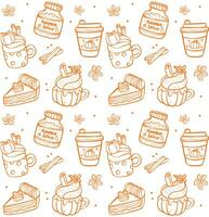 Cute Pumpkin Spice Cartoon Doodle outline Seamless Pattern Background vector