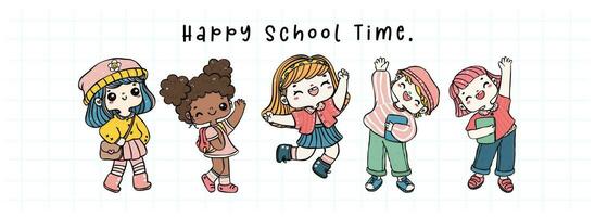 Excited Multicultural Kids in Playful Hand Drawn Cartoon School Banner vector