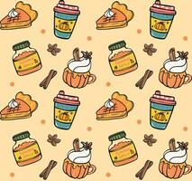 Cute Pumpkin Spice Cartoon Doodle Seamless Pattern Background vector