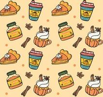 Cute Pumpkin Spice Cartoon Doodle Seamless Pattern Background vector