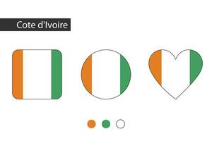 Cote d'Ivoire 3 shapes square, circle, heart with city flag. Isolated on white background. vector