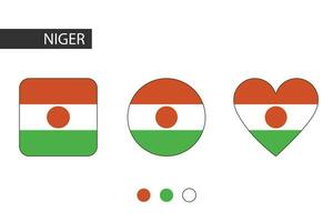 Niger 3 shapes square, circle, heart with city flag. Isolated on white background. vector