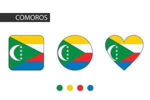 Comoros 3 shapes square, circle, heart with city flag. Isolated on white background. vector