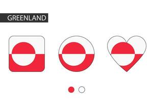 Greenland 3 shapes square, circle, heart with city flag. Isolated on white background. vector