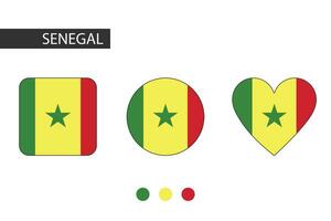 Senegal 3 formas cuadrado, círculo, corazón con ciudad bandera. aislado en blanco antecedentes. vector