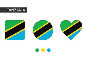 Tanzania 3 shapes square, circle, heart with city flag. Isolated on white background. vector
