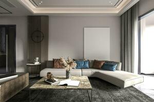 A Modern Oasis Designing a Living Room Interior in Industrial Loft Style with 3D Render photo