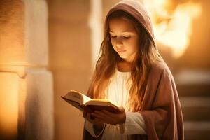 pequeño niña leyendo santo Biblia libro. Adoración a iglesia. foto