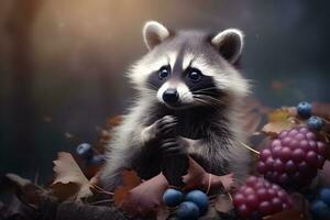 Portrait of cute raccoon animal, berry fruits and autumn leaves in the jungle. photo
