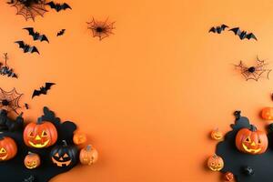Background for Halloween with tiny pumpkins with ghost faces and bats photo