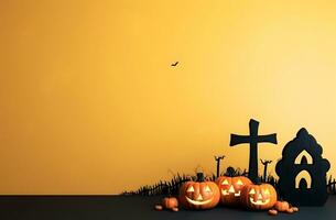 Jack o lanterns, pumpkins and bat in graveyard. Halloween background. photo