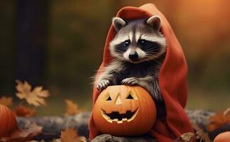 A raccoon animal, halloween jack o lantern pumpkin and autumn leaves in the jungle. photo