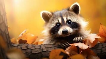 Portrait of cute raccoon animal and autumn leaves in the jungle. photo