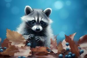 Portrait of cute raccoon animal and autumn leaves in the jungle. photo