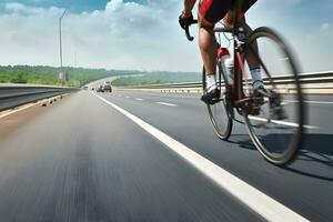 sano hombre montando bicicleta en el la carretera foto