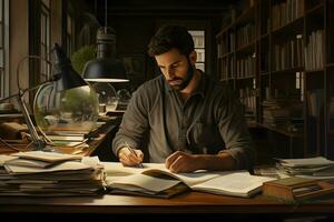 Handsome man, an author writing on a book at library. photo