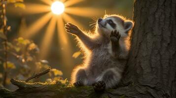 Portrait of cute raccoon animal in the jungle. photo