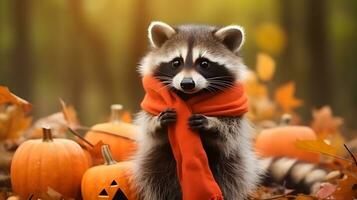 A cute raccoon animal and halloween pumpkin and autumn leaves in the jungle. photo
