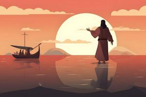 Jesus Christ walking on water across the sea towards a boat. photo