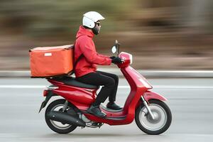 Delivery man carrying parcel box by motorcycle. photo