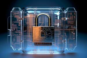 Lock with circuit pattern. Concept of data security, cybersecurity, cyber defense, etc. photo