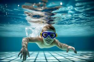 joven chico con gafas de protección nadando submarino en nadando piscina foto
