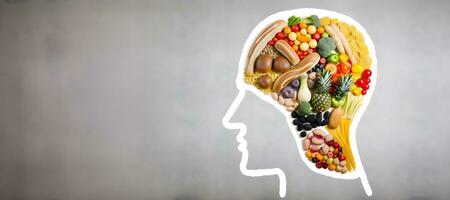 Various food such as vegetables, fruits and peas in head. Nutrition for brain health. photo