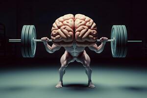 Brain lifting weight. Strong mentality, genius, mental health concept. photo