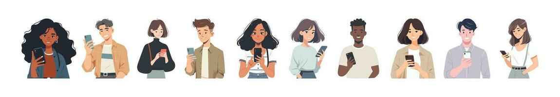 personas utilizar móvil Los telefonos, charlar, navegar el Internet. vector