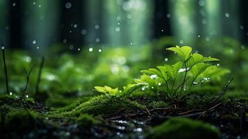 Macro photo of green rainy forest AI generative