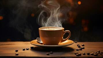 un taza de caliente café con café frijol ai generativo foto