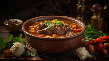 A bowl of oxtail soup on black background photo