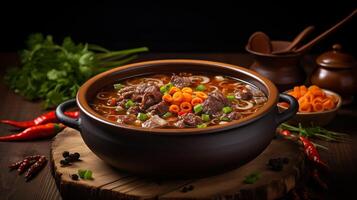A bowl of oxtail soup on black background photo