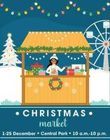 Christmas market advertising poster. Young  african american woman sells gifts at the kiosk. Christmas market. Market in the square. Vector illustration for poster, flyer, invitation.