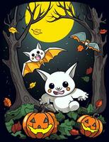 Halloween ghost with pumpkins. Cute cartoon children's illustration of a ghost with pumpkins. AI Generated photo