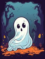 Halloween ghost with pumpkins. Cute cartoon children's illustration of a ghost with pumpkins. AI Generated photo