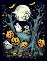 Halloween ghost with pumpkins. Cute cartoon children's illustration of a ghost with pumpkins. AI Generated photo