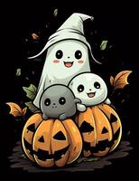 Halloween ghost with pumpkins. Cute cartoon children's illustration of a ghost with pumpkins. AI Generated photo