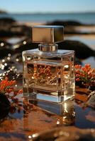Bottle of perfume on the beach background photo