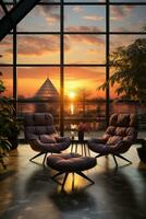 Sunset on the terrace with square glass windows photo