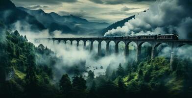 Vintage train on bridge with smoke photo