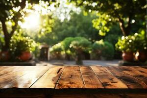 Wooden table and blurred green nature garden background. photo