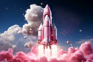 3D render pink rocket launching on space photo