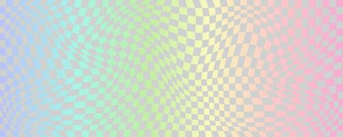 Checkerboard wavy pattern. Abstract holographic chessboard vector print. Y2k psychedelic optical foil grid. Swirl rainbow geometric retro design