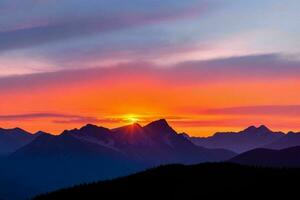 mountain silhouettes at sunset. AI Generative Pro Photo