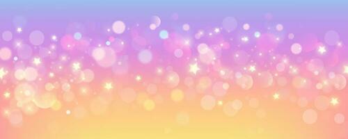 Rainbow unicorn pastel background with glitter stars. Pink fantasy sky. Holographic space with bokeh. Fairy iridescent gradient backdrop. Vector